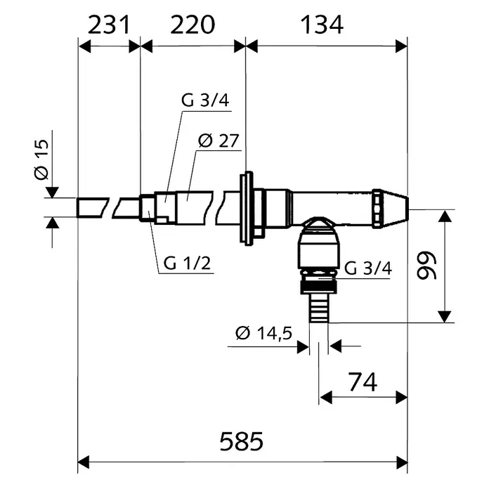 Schell Außenwandventil Polar II Komplett - ¾″ x ½″, Rohrbelüfter - Skizze