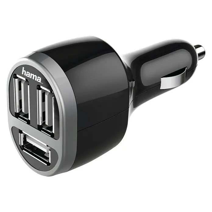 Hama USB-Kfz-Ladegerät - 3-fach, Schwarz, USB-A-Kupplung, Zigarettenanzünder-Stecker (SAE J563) - Vorderansicht