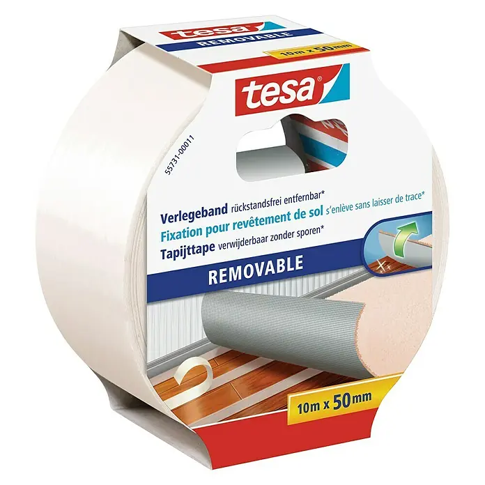 Tesa Verlegeband - 10 m x 50 mm, Beidseitig selbstklebend, Rückstandslos entfernbar, Geeignet für: Teppiche - Linke Seitenansicht