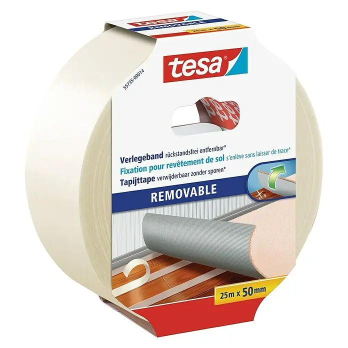 Tesa Verlegeband - 25 m x 50 mm, Beidseitig selbstklebend, Rückstandslos entfernbar, Geeignet für: Teppiche - Linke Seitenansicht