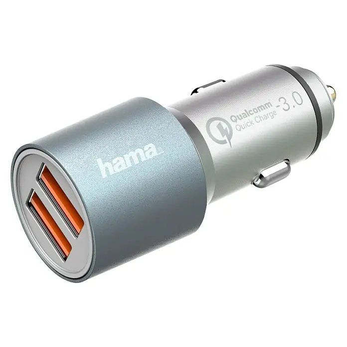 Hama USB-Kfz-Ladegerät - Silber, 2-fach, USB-A-Kupplung, Zigarettenanzünder-Stecker (SAE J563) - Vorderansicht