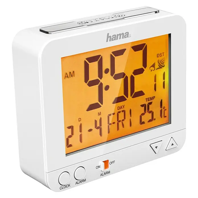 Hama Funkwecker RC 550 - Digitales Display, Batteriebetrieben, Weiß, 9,5 x 2,5 x 8 cm - Vorderansicht