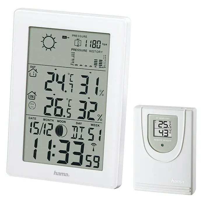 Hama Wetterstation EWS-3200 - Digital, Batteriebetrieben, Weiß, 15,5 x 5,5 x 11 cm - Vorderansicht