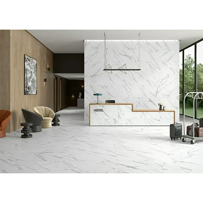 BHS Showroom Pavimento porcelánico Aston - 60 x 120 cm, Blanco, Rectificado, Marmolado