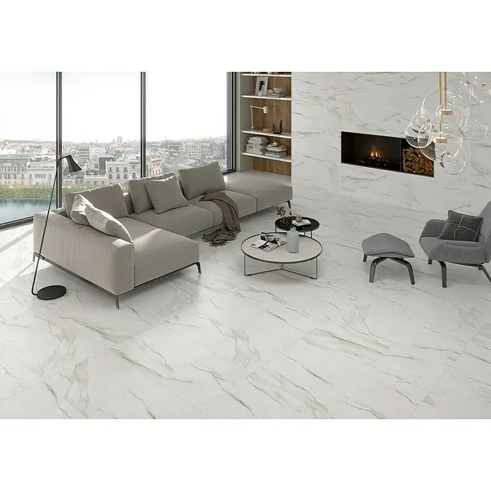 BHS Showroom Pavimento porcelánico Syros - 60 x 120 cm, Blanco, Rectificado, Marmolado