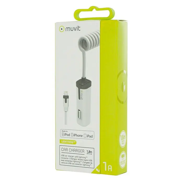 Muvit Cargador para automóvil Lightning MFI 1A - Blanco, Longitud del cable: 1,8 m, Encendedor