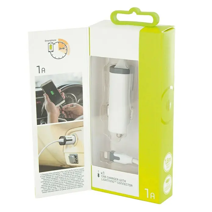 Muvit Cargador para automóvil Lightning MFI 1A - Blanco, Longitud del cable: 1,8 m, Encendedor