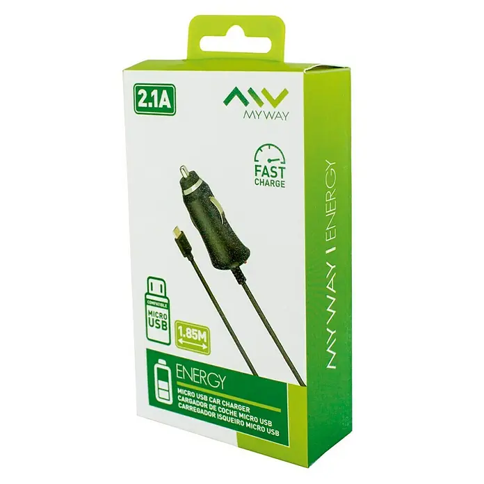 Cargador para automóvil Micro USB 2,1 A - Negro, Longitud del cable: 1,8 m, Micro USB