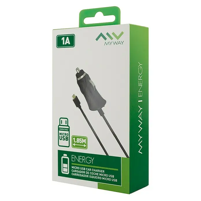 Cargador para automóvil Micro USB 1A - Negro, Longitud del cable: 1,85 m, Micro USB
