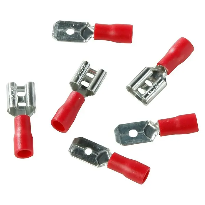 Voltomat Flachsteckhülsen - 6,3 mm, Querschnitt: 0,5 - 1,5 mm², 10 x Flachstecker, 10 x Flachsteckhülsen, Rot - Ansicht von oben
