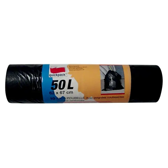 Quickpack Müllbeutel mit Zugband - 50 l l, 10 Stk., Schwarz - Vorderansicht
