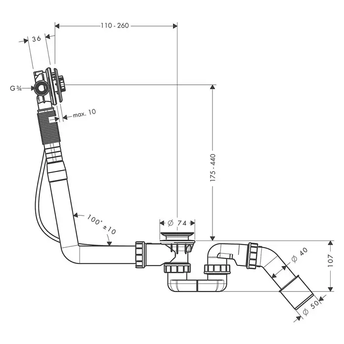 Hansgrohe Ab- & Überlaufgarnitur Exafill S - Kunststoff, 1½″, Geeignet für: Handelsübliche Badewannen