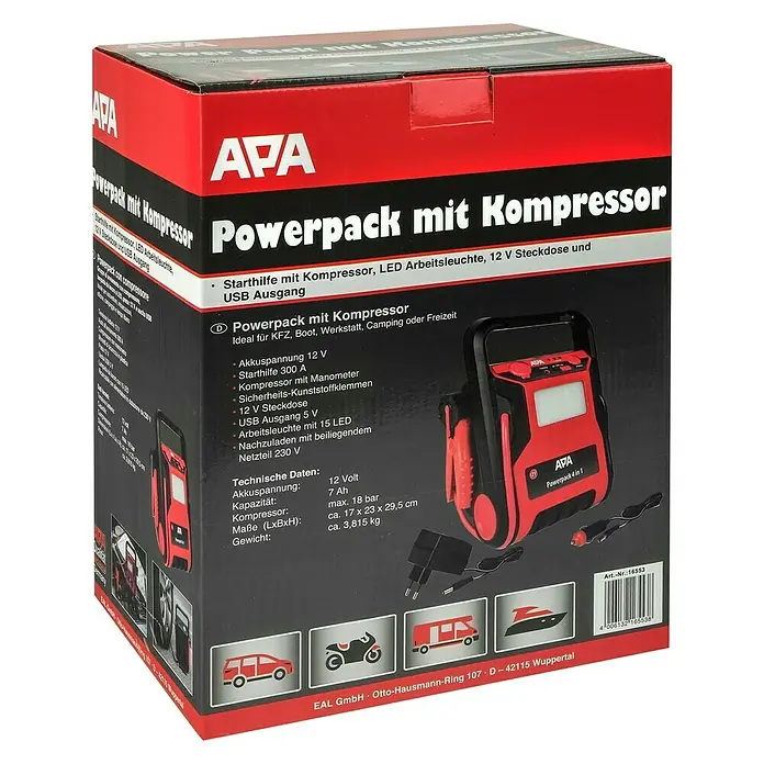 APA Kompressor-Powerpack - L x B x H: 17 x 23 x 29,5 cm, 7.000 mAh, 12 V