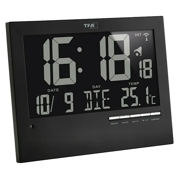 TFA Dostmann Funkwecker - Digitales Display, Batteriebetrieben, Schwarz, 23 x 3,1 x 18,5 cm - Vorderansicht