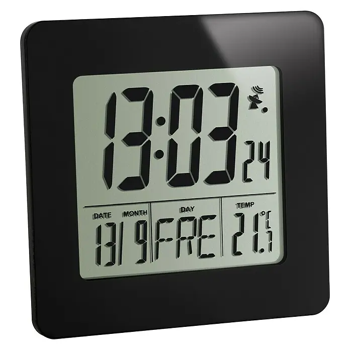 TFA Dostmann Funkwecker - Digitales Display, Batteriebetrieben, Schwarz, 9,4 x 3,7 x 9,4 cm - Vorderansicht