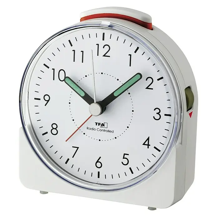 TFA Dostmann Funkwecker Sunrise - Analoges Display, Batteriebetrieben, Weiß, 10,2 x 4,6 x 11 cm - Vorderansicht