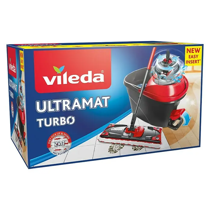 Vileda Ultramat Tisztítórendszer és vödör Turbo Set - 1 x Ultramax vödör elektromos fonóval és öntési segédanyaggal, 1 x Ultramax lapos felmosó, 1 x Ultramax 2 az 1-ben mikroszálas burkolat - Elülső nézet