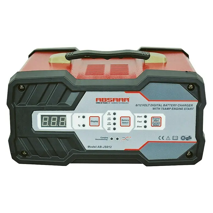 Absaar Batterie-Ladegerät mit Starthilfe - Ladestrom: 12 A, AGM-/Gel-/Nass-/Blei-Säure-Batterien 6/12 V - Vorderansicht