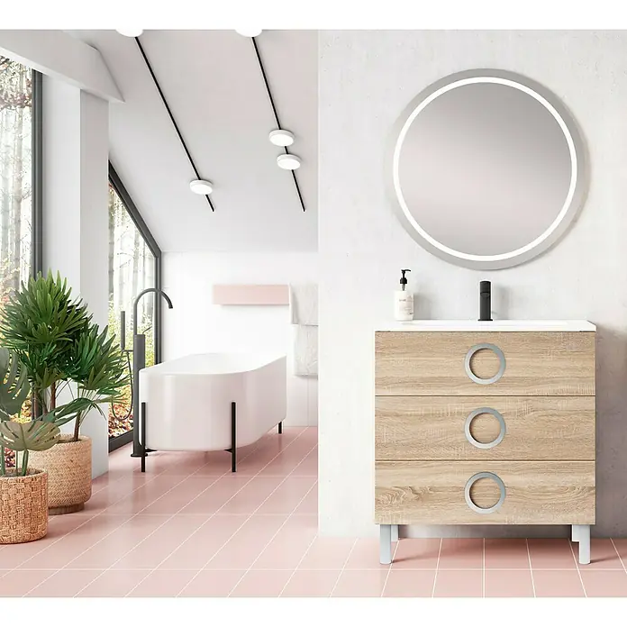 Camargue Mueble de lavabo Moon - L x An x Al: 45 x 80 x 85 cm, Roble, Mate, Color tirador: Cromo