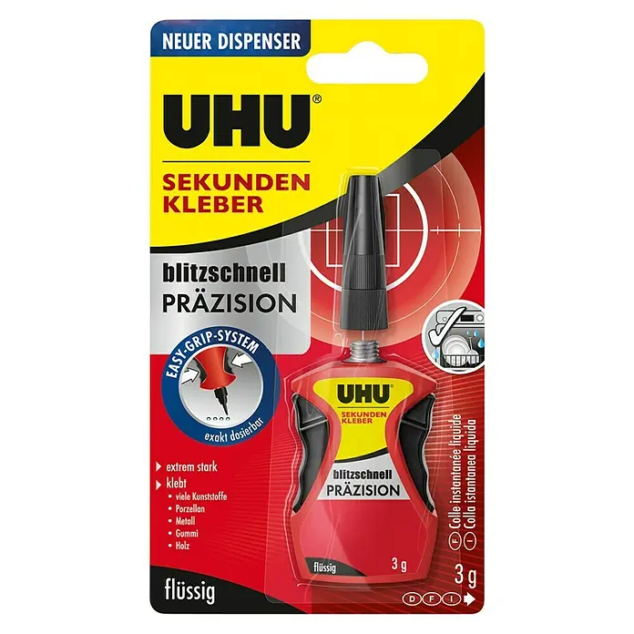 UHU Blitzschnell Sekundenkleber - Flüssig, 3 g, Dosierhilfe - Vorderansicht