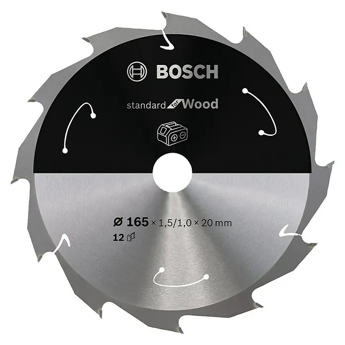 Bosch Kreissägeblatt Standard for Wood - Durchmesser: 165 mm, Bohrung: 20 mm, 12 Zähne - Vorderansicht