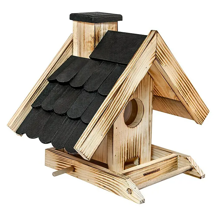 Windhager Vogelfutterhaus - L x B x H: 21 x 30 x 25 cm, Natur/Schwarz, Geflammt, Holz - Linke Seitenansicht
