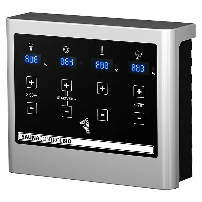 Karibu Massivholzsauna Mia - Mit 4,5 kW Bio-Ofen mit externer Steuerung, Mit Dachkranz und Beleuchtung, Material Tür: Massivholz, 184 x 224 x 202 cm