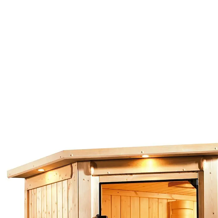 Karibu Massivholzsauna Mia - Mit 4,5 kW Bio-Ofen mit externer Steuerung, Mit Dachkranz und Beleuchtung, Material Tür: Massivholz, 184 x 224 x 202 cm - Detailaufnahme
