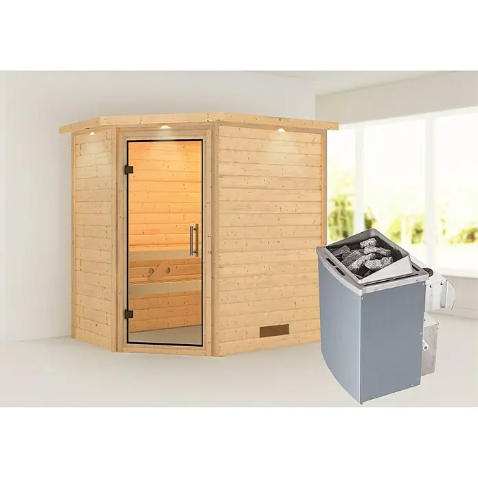Karibu Massivholzsauna Svea - Mit 4,5 kW Saunaofen mit externer Steuerung, Mit Dachkranz und Beleuchtung, Material Tür: Ganzglas Klar, 160 x 224 x 202 cm - Vorderansicht
