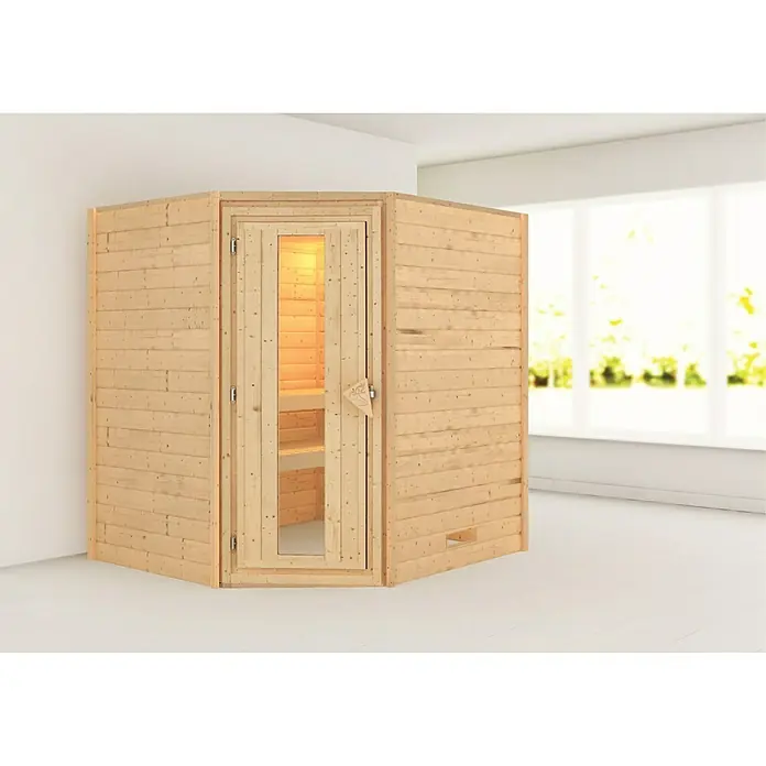 Karibu Massivholzsauna Mia - Ohne Ofen, Ohne Dachkranz, Material Tür: Massivholz, 170 x 196 x 198 cm - Vorderansicht