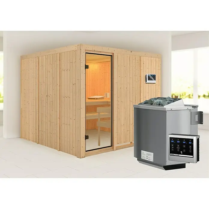 Karibu Elementsauna Arvika - Mit 9 kW Bio-Ofen mit externer Steuerung, Ohne Dachkranz, Material Tür: Ganzglas Bronze, 231 x 231 x 198 cm - Rechte Seitenansicht