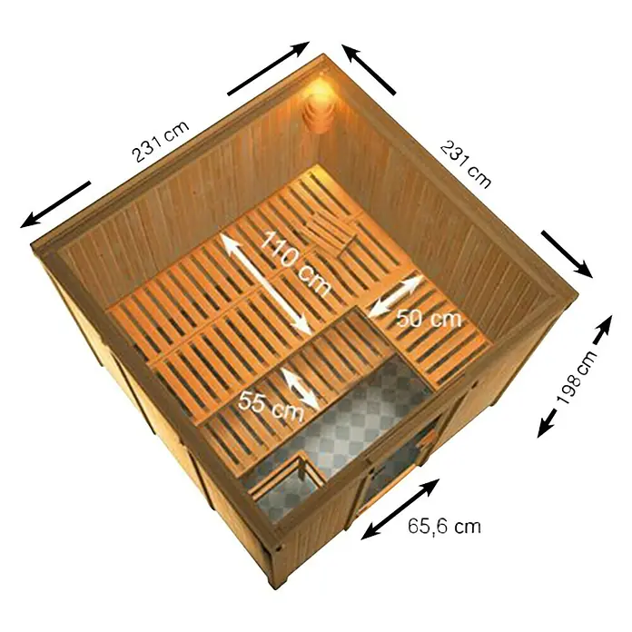 Karibu Elementsauna Arvika - Mit 9 kW Bio-Ofen mit externer Steuerung, Ohne Dachkranz, Material Tür: Ganzglas Bronze, 231 x 231 x 198 cm - Ansicht von oben