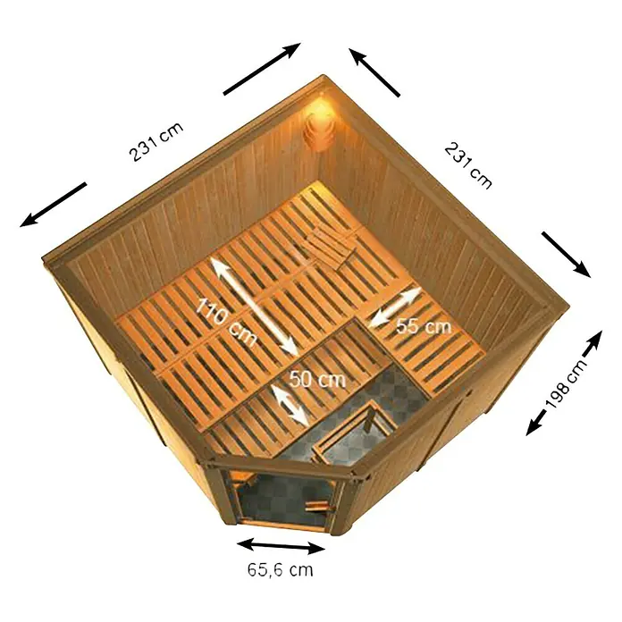 Karibu Elementsauna Ystad - Mit 9 kW Saunaofen mit externer Steuerung, Ohne Dachkranz, Material Tür: Ganzglas Bronze, 231 x 231 x 198 cm - Ansicht von oben