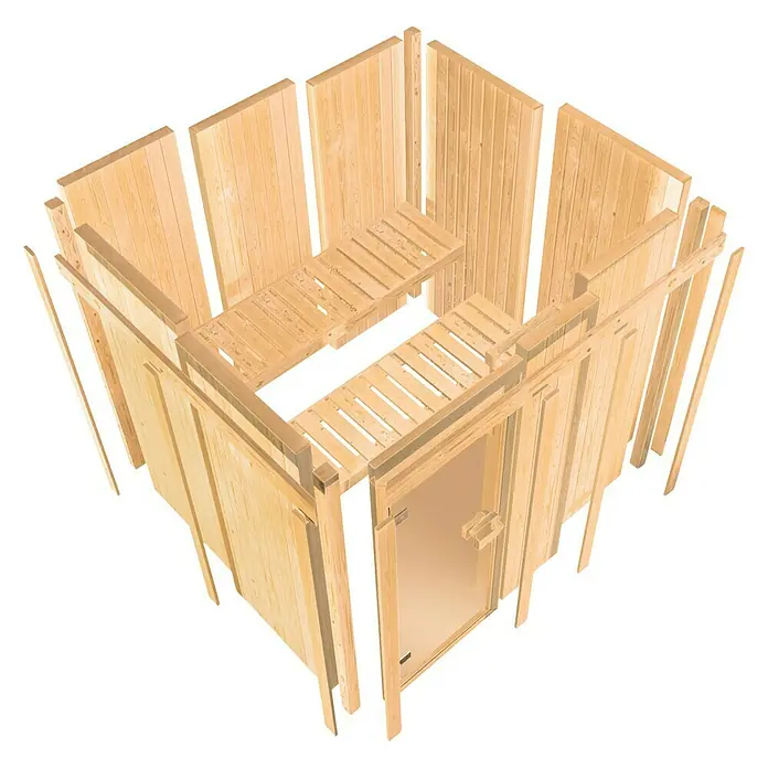 Karibu Elementsauna Ystad - Mit 9 kW Saunaofen mit externer Steuerung, Ohne Dachkranz, Material Tür: Ganzglas Bronze, 231 x 231 x 198 cm