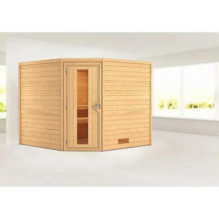 Karibu Massivholzsauna Leona - Ohne Ofen, Ohne Dachkranz, Material Tür: Massivholz, 231 x 231 x 198 cm - Vorderansicht