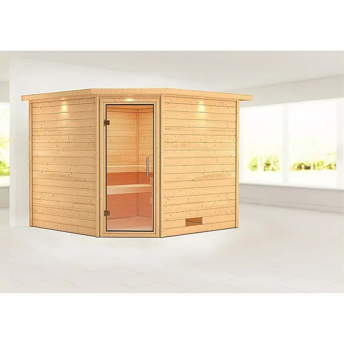 Karibu Massivholzsauna Leona - Ohne Ofen, Mit Dachkranz und Beleuchtung, Material Tür: Ganzglas Klar, 245 x 259 x 202 cm - Vorderansicht