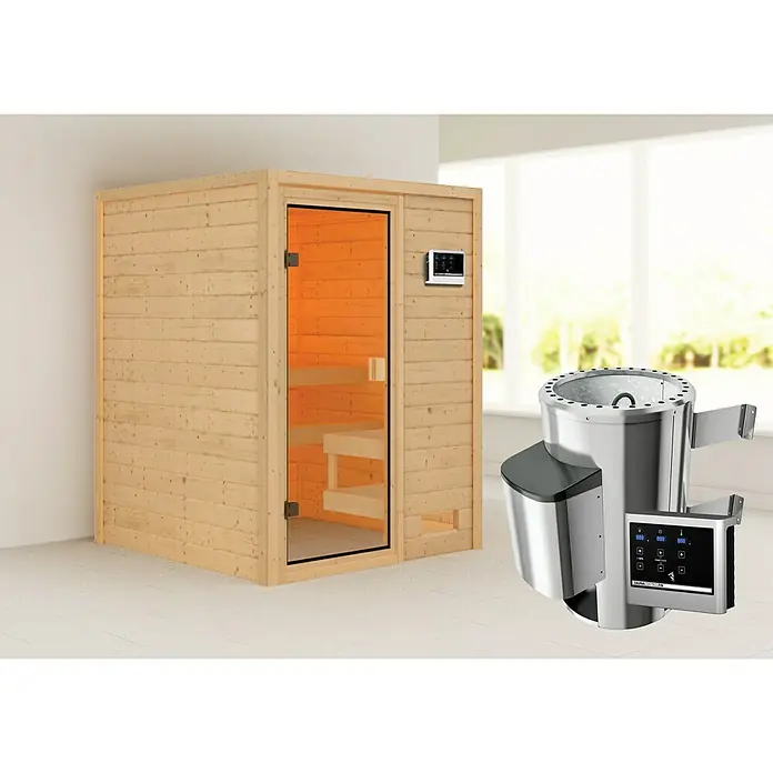 Karibu Massivholzsauna Sandra - Mit 3,6 kW Ofen mit externer Steuerung, Ohne Dachkranz, Material Tür: Ganzglas Bronze, 145 x 145 x 187 cm - Rechte Seitenansicht