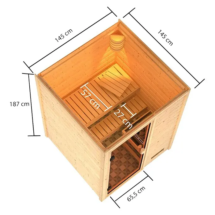 Karibu Massivholzsauna Sandra - Mit 3,6 kW Ofen mit externer Steuerung, Ohne Dachkranz, Material Tür: Ganzglas Bronze, 145 x 145 x 187 cm - Ansicht von oben