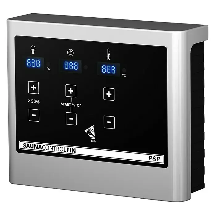 Karibu Massivholzsauna Sandra - Mit 3,6 kW Ofen mit externer Steuerung, Ohne Dachkranz, Material Tür: Ganzglas Bronze, 145 x 145 x 187 cm