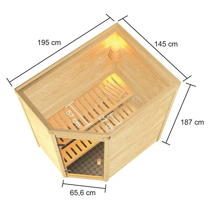 Karibu Massivholzsauna Jella - Mit 3,6 kW Saunaofen mit integrierter Steuerung, Ohne Dachkranz, Material Tür: Ganzglas Bronze, 145 x 195 x 187 cm - Ansicht von oben