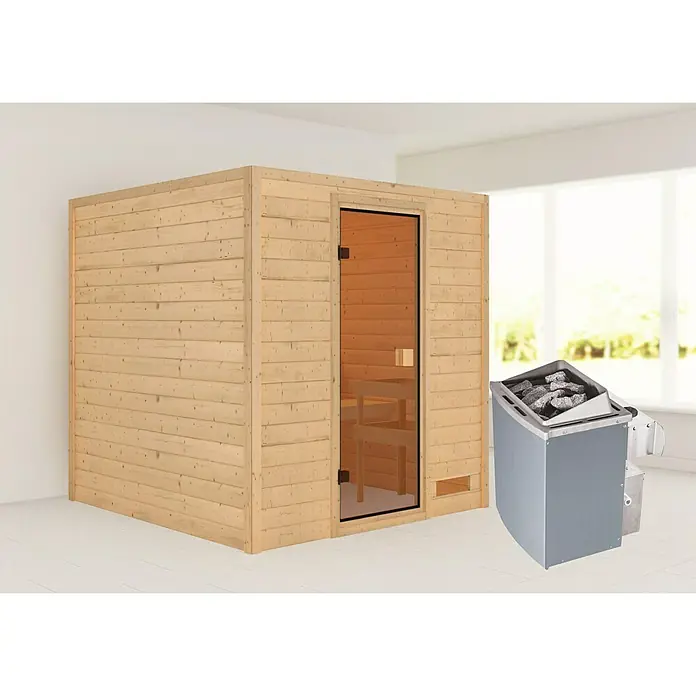 Karibu Massivholzsauna Jara - Mit 4,5 kW Saunaofen mit integrierter Steuerung, Ohne Dachkranz, Material Tür: Ganzglas Bronze, 195 x 195 x 187 cm - Rechte Seitenansicht