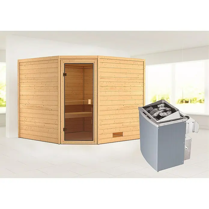 Karibu Massivholzsauna Leona - Mit 9 kW Saunaofen mit integrierter Steuerung, Ohne Dachkranz, Material Tür: Ganzglas Bronze, 231 x 231 x 198 cm - Vorderansicht