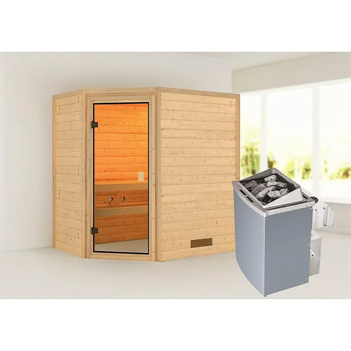 Karibu Massivholzsauna Svea - Mit 4,5 kW Saunaofen mit externer Steuerung, Ohne Dachkranz, Material Tür: Ganzglas Bronze, 146 x 196 x 198 cm - Vorderansicht