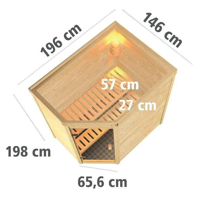 Karibu Massivholzsauna Svea - Mit 4,5 kW Saunaofen mit externer Steuerung, Ohne Dachkranz, Material Tür: Ganzglas Bronze, 146 x 196 x 198 cm - Ansicht von oben