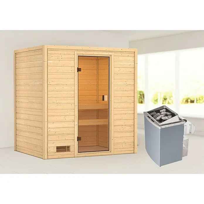 Karibu Massivholzsauna Selena - Mit 4,5 kW Saunaofen mit integrierter Steuerung, Ohne Dachkranz, Material Tür: Ganzglas Bronze, 145 x 195 x 187 cm - Rechte Seitenansicht