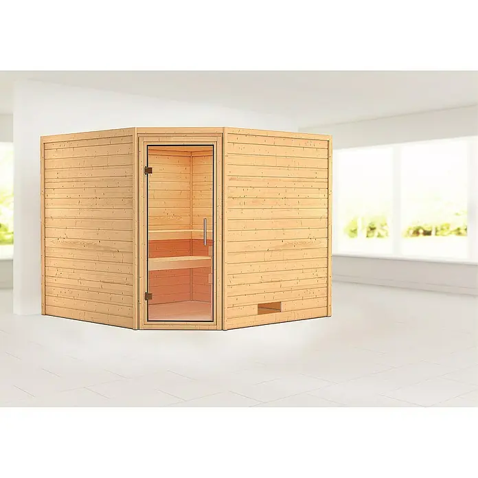 Karibu Massivholzsauna Leona - Ohne Ofen, Ohne Dachkranz, Material Tür: Ganzglas Klar, 231 x 231 x 198 cm - Vorderansicht