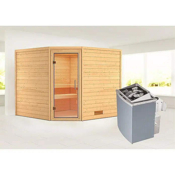 Karibu Massivholzsauna Leona - Mit 9 kW Saunaofen mit integrierter Steuerung, Ohne Dachkranz, Material Tür: Ganzglas Klar, 231 x 231 x 198 cm - Vorderansicht