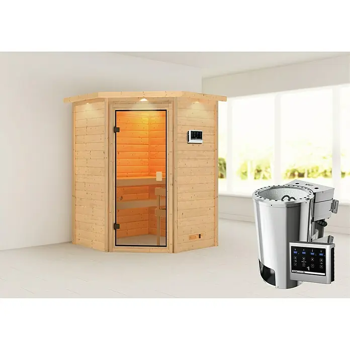 Karibu Massivholzsauna Antonia - Mit 3,6 kW Bio-Ofen mit externer Steuerung, Mit Dachkranz und Beleuchtung, Material Tür: Ganzglas Bronze, 159 x 173 x 191 cm - Vorderansicht