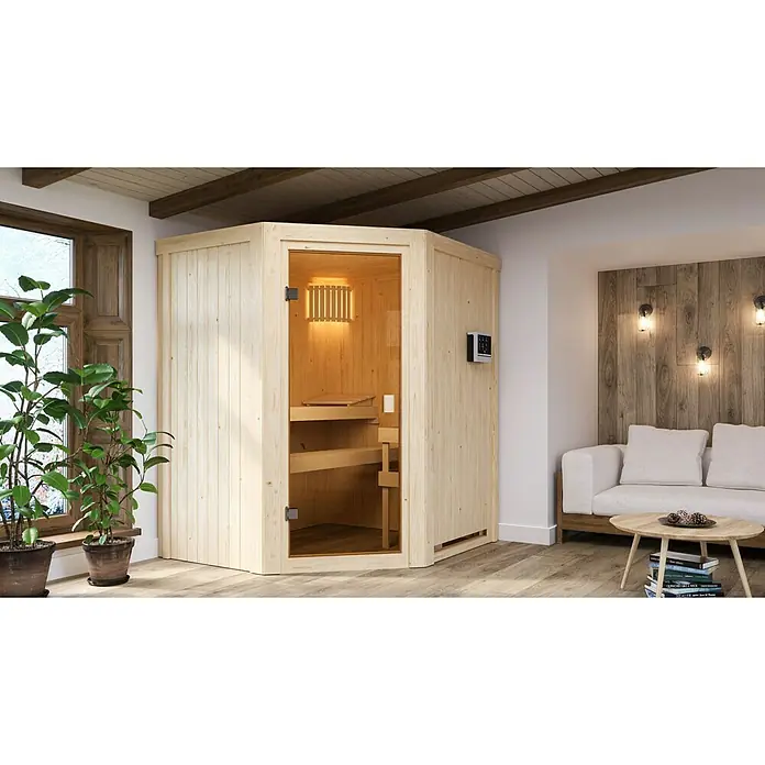 Karibu Elementsauna Faurin - Mit 4,5 kW Saunaofen mit externer Steuerung, Ohne Dachkranz, Material Tür: Ganzglas Bronze, 151 x 170 x 198 cm - Stimmungsaufnahme