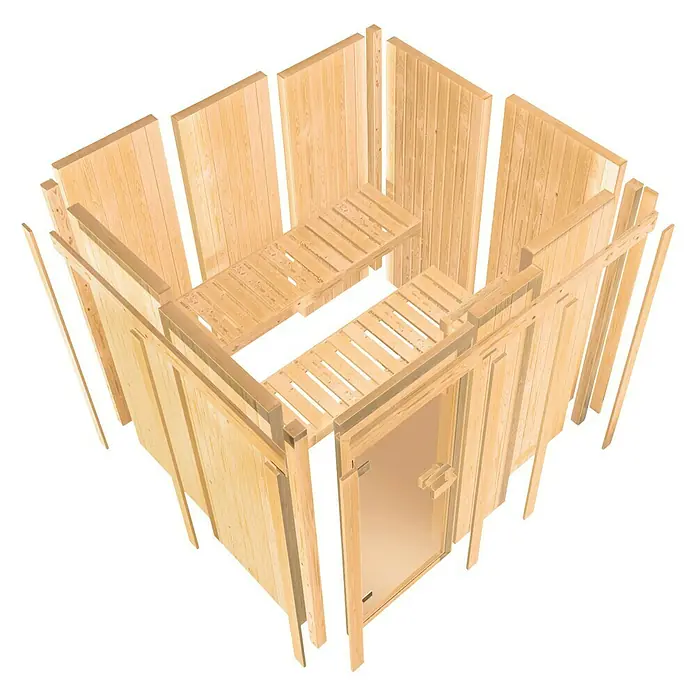 Karibu Elementsauna Bodo - Mit 4,5 kW Saunaofen mit externer Steuerung, Ohne Dachkranz, Material Tür: Ganzglas Bronze, 178 x 196 x 198 cm